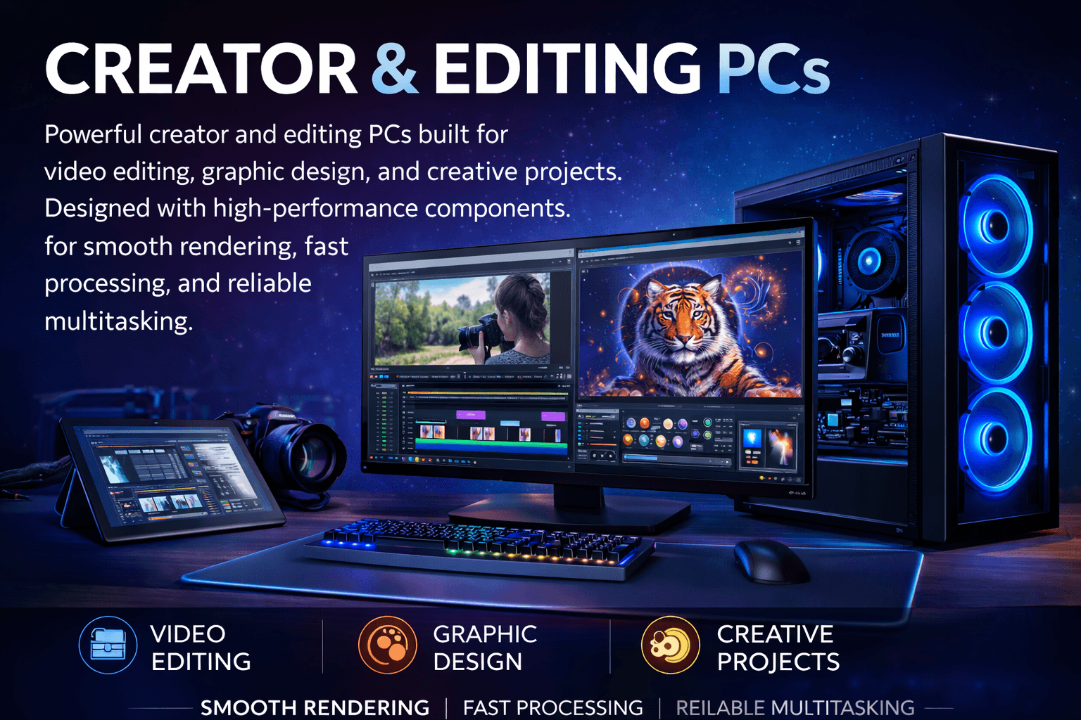 Content creator working on a high-end desktop PC